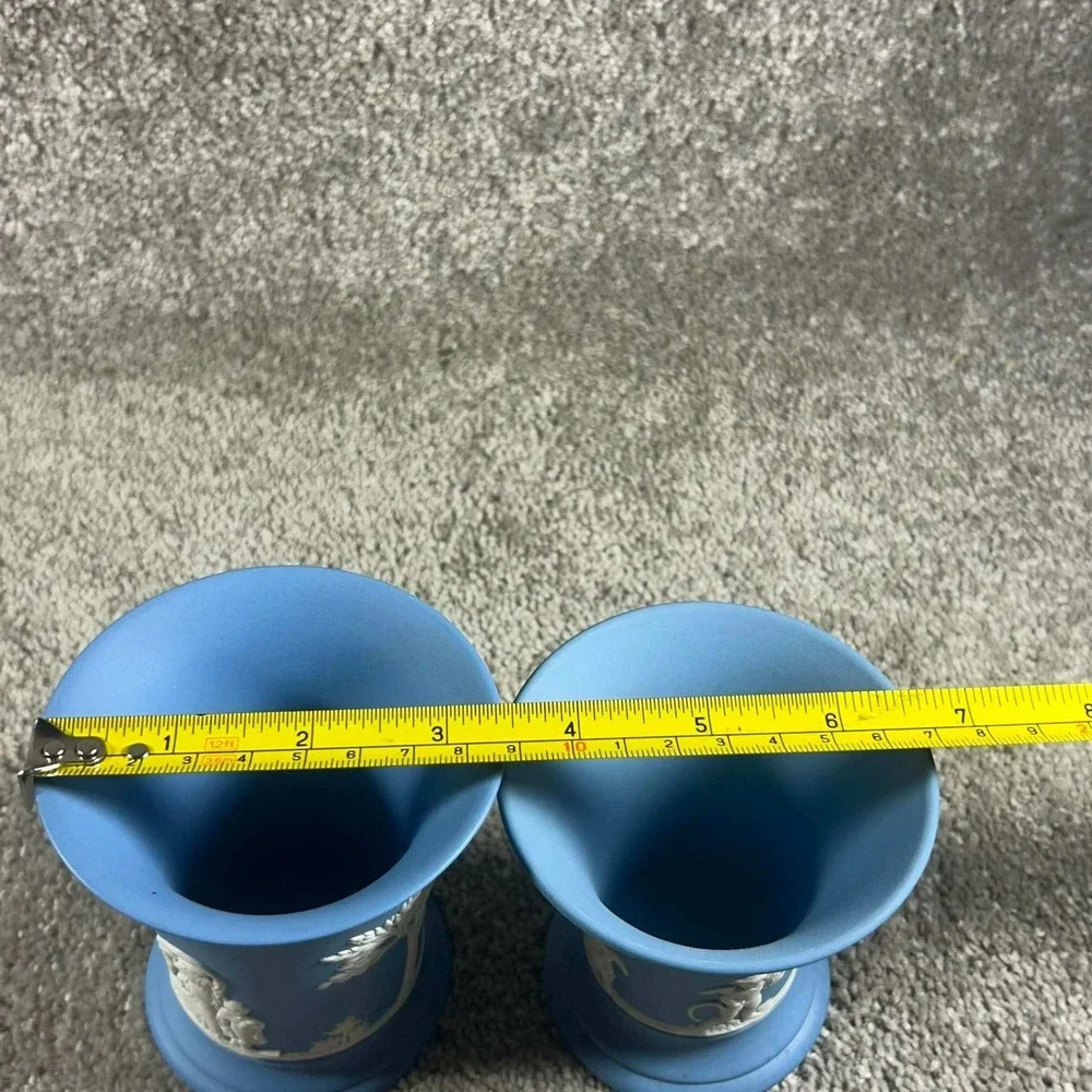 Wedgwood Jasperware Vases Blue White Neoclassical Trumpet Pair England